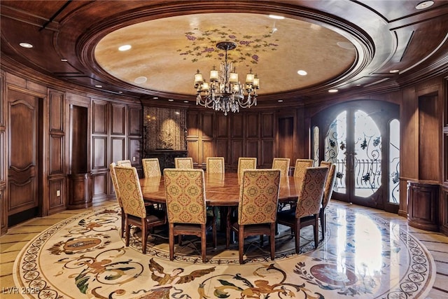 9101 Alta Dr Unit 1206, Las Vegas, NV 89145 - dining space with inlaid floor details, a chandelier, french doors, recessed lighting, and arched walkways