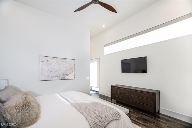 bedroom featuring baseboards, a ceiling fan, dark wood-type flooring, and recessed lighting