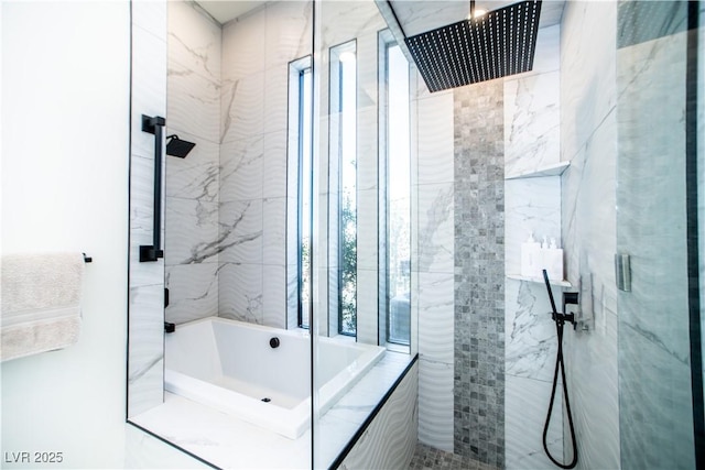 full bath featuring a bathtub and a marble finish shower