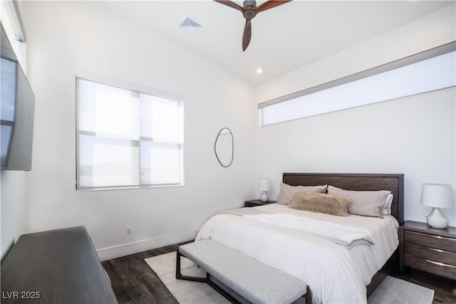 bedroom featuring visible vents, baseboards, a ceiling fan, dark wood-style floors, and recessed lighting