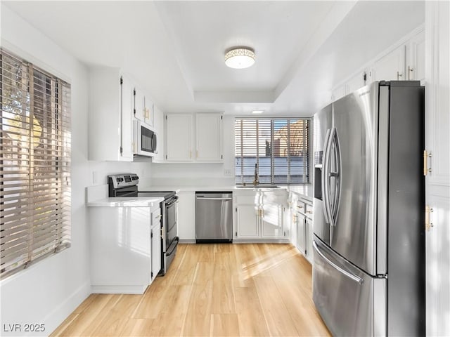 kitchen featuring white cabinetry, stainless steel appliances, light countertops, and a raised ceiling