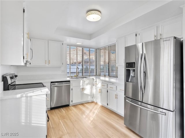 kitchen with a raised ceiling, light countertops, appliances with stainless steel finishes, white cabinets, and a sink