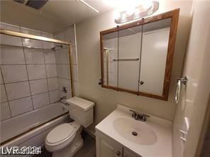 full bath featuring toilet, visible vents,  shower combination, and vanity