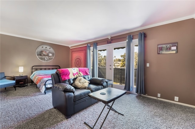 carpeted bedroom with ornamental molding, access to exterior, french doors, and baseboards