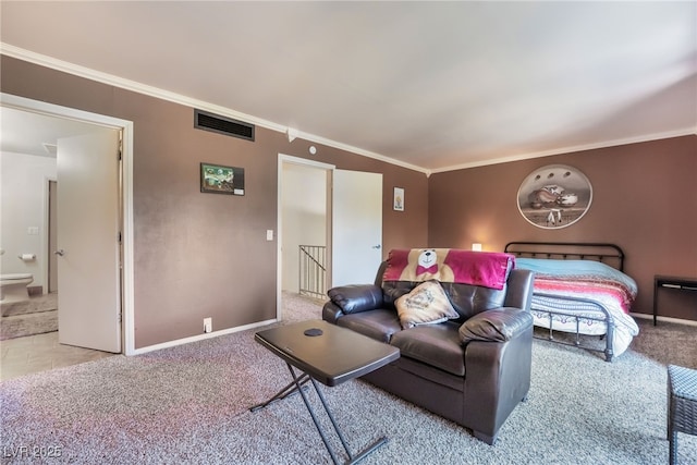 living room with light carpet, baseboards, visible vents, and ornamental molding