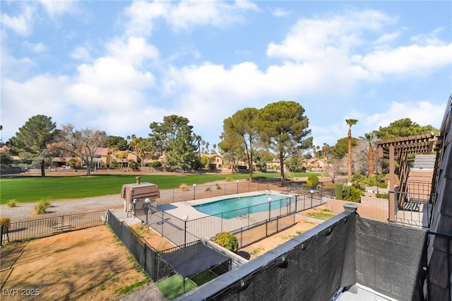 view of pool with a residential view, fence, a pergola, and a fenced in pool