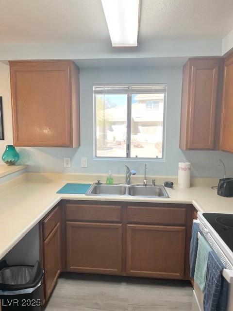 kitchen with white range with electric cooktop, light countertops, light wood-style floors, brown cabinetry, and a sink