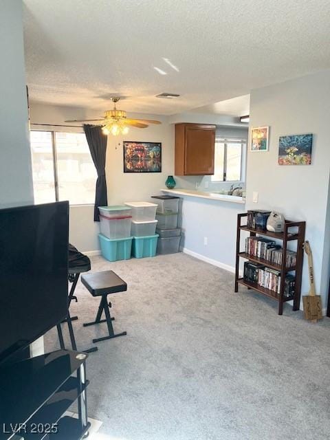 interior space featuring a textured ceiling, plenty of natural light, visible vents, and carpet