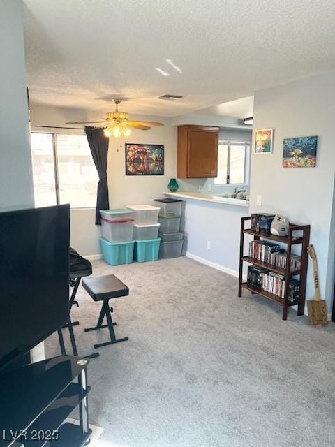 2240 Highpointe Dr Unit 201, Laughlin, NV 89029 - carpeted living room with a textured ceiling, a ceiling fan, healthy amount of natural light, and baseboards