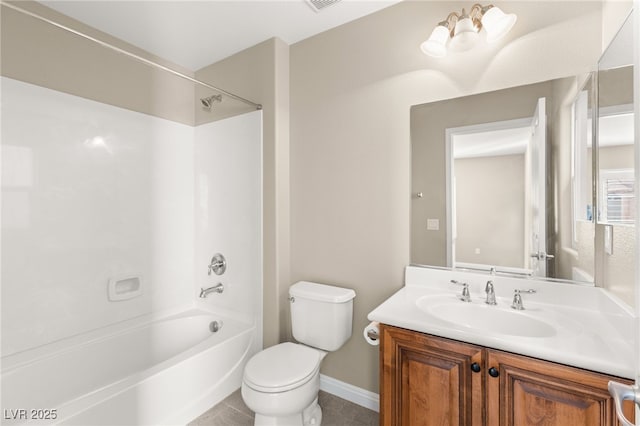 full bath with shower / bathtub combination, tile patterned flooring, toilet, visible vents, and vanity