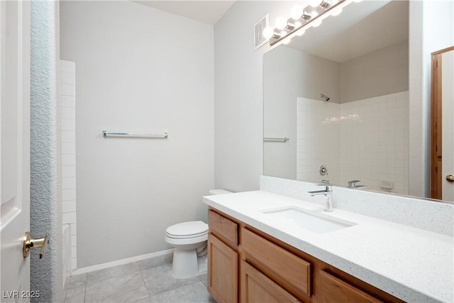 full bathroom with a shower, visible vents, toilet, vanity, and tile patterned flooring