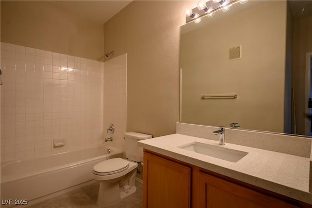 full bathroom featuring visible vents, toilet, shower / tub combination, tile patterned flooring, and vanity