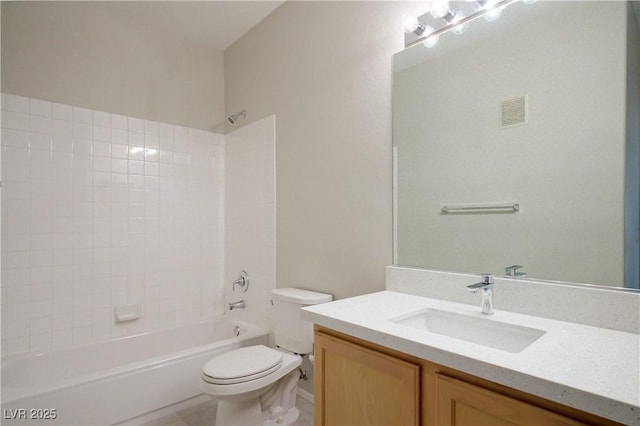 full bathroom with toilet, washtub / shower combination, visible vents, and vanity