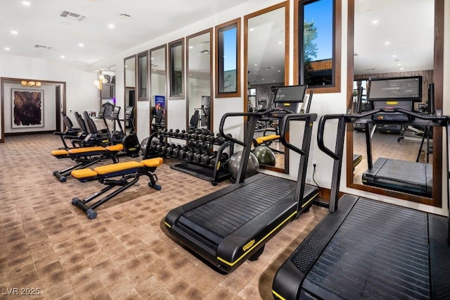 gym featuring visible vents and recessed lighting