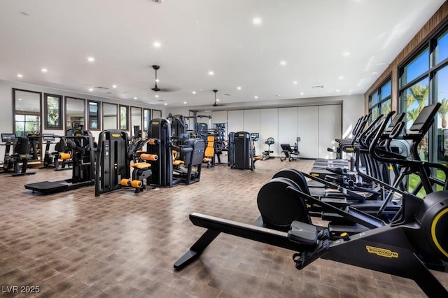 workout area featuring recessed lighting