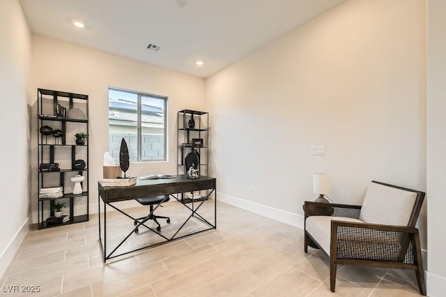 office area with recessed lighting and baseboards