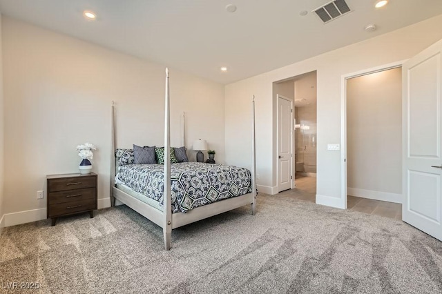 bedroom featuring light carpet, baseboards, visible vents, and recessed lighting