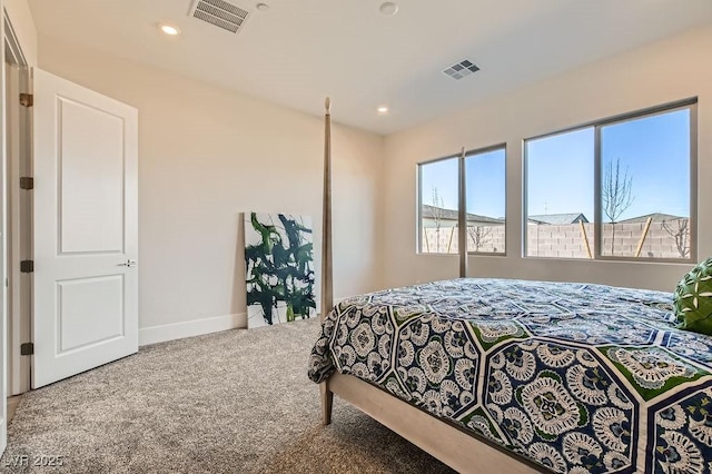 bedroom with baseboards, visible vents, carpet flooring, and recessed lighting