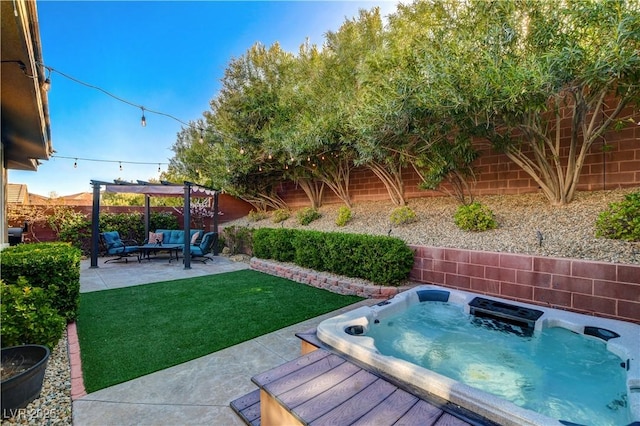 view of yard with outdoor lounge area, hot tub deck surround, a fenced backyard, and a pergola