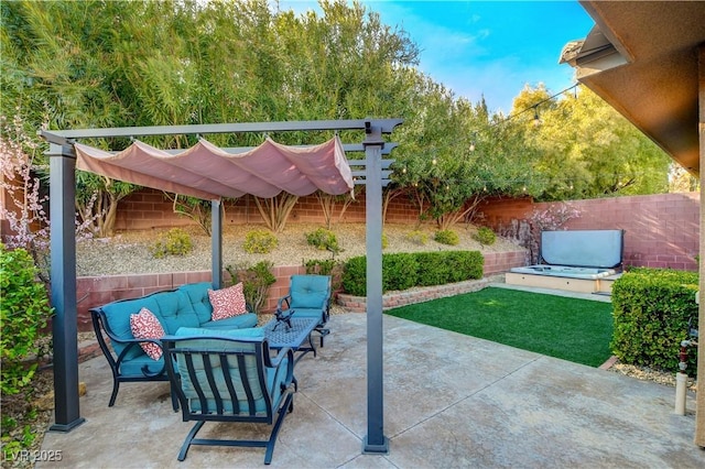 view of patio / terrace with outdoor lounge area, a fenced backyard, and a pergola