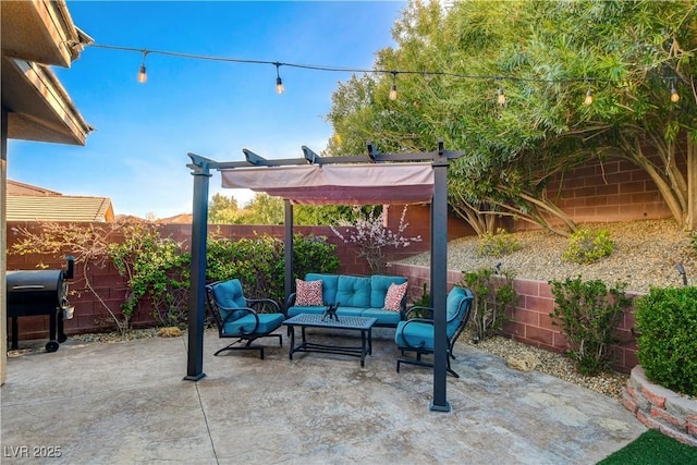 view of patio featuring a fenced backyard, a grill, an outdoor living space, and a pergola