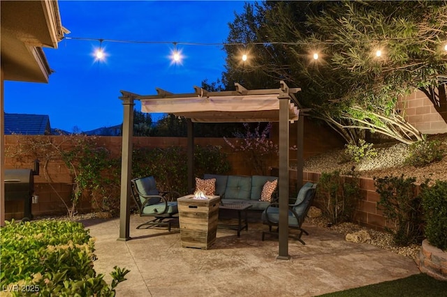 patio at twilight featuring a fenced backyard, an outdoor hangout area, and a pergola