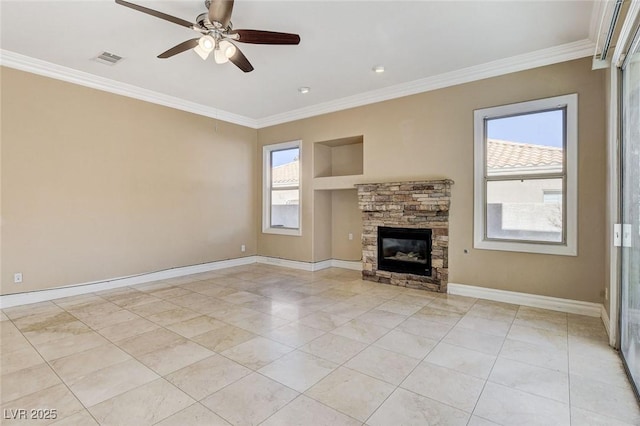 unfurnished living room with ornamental molding, built in shelves, visible vents, and a healthy amount of sunlight