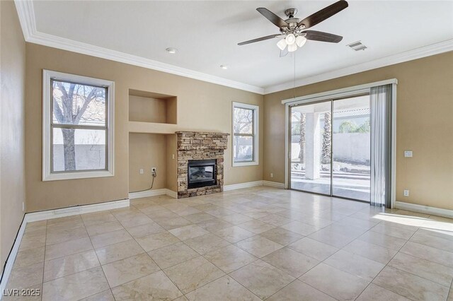 unfurnished living room with plenty of natural light and crown molding