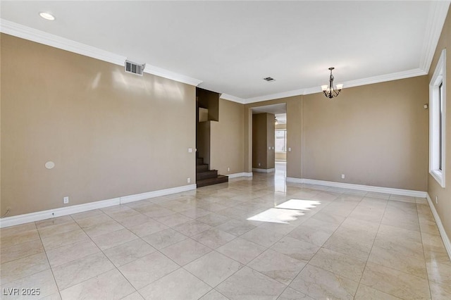 spare room featuring baseboards, visible vents, stairway, ornamental molding, and a notable chandelier