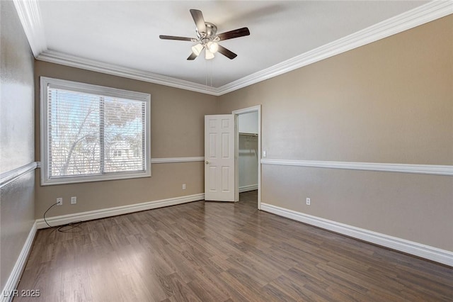 unfurnished bedroom with ceiling fan, dark wood-type flooring, baseboards, ornamental molding, and a walk in closet