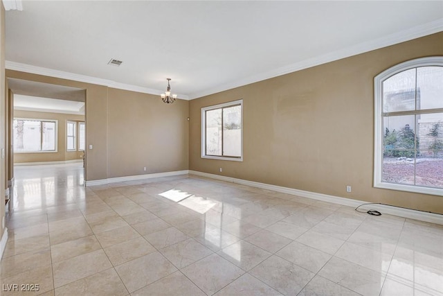 unfurnished room featuring a chandelier, ornamental molding, baseboards, and light tile patterned floors