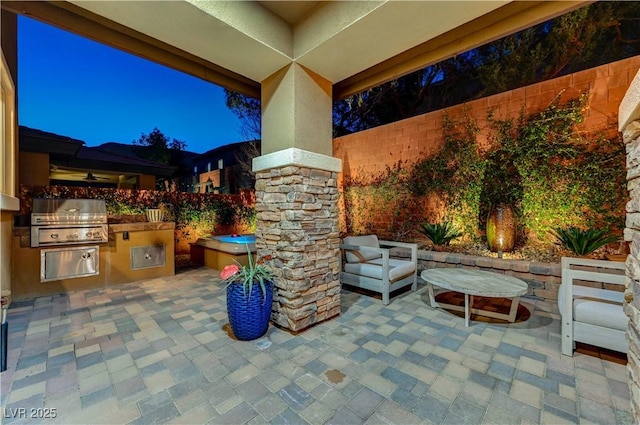 view of patio / terrace with a fenced backyard, exterior kitchen, and area for grilling