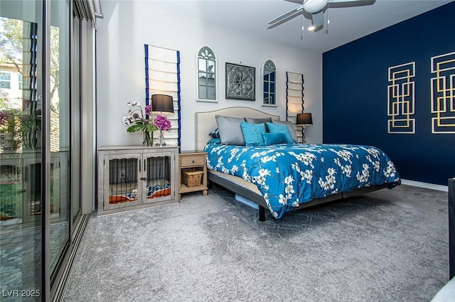 bedroom featuring carpet flooring, a ceiling fan, and baseboards