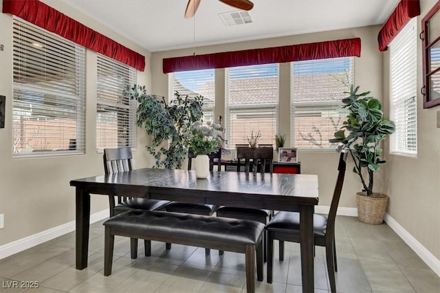 dining space featuring a ceiling fan, tile patterned flooring, visible vents, and baseboards