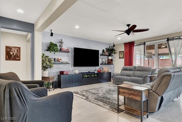 living area with ceiling fan, tile patterned flooring, and recessed lighting