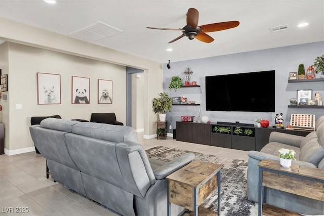 living area featuring recessed lighting, tile patterned flooring, visible vents, and ceiling fan