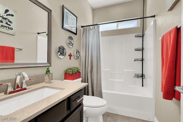 bathroom with tile patterned floors, shower / bathtub combination with curtain, toilet, and vanity