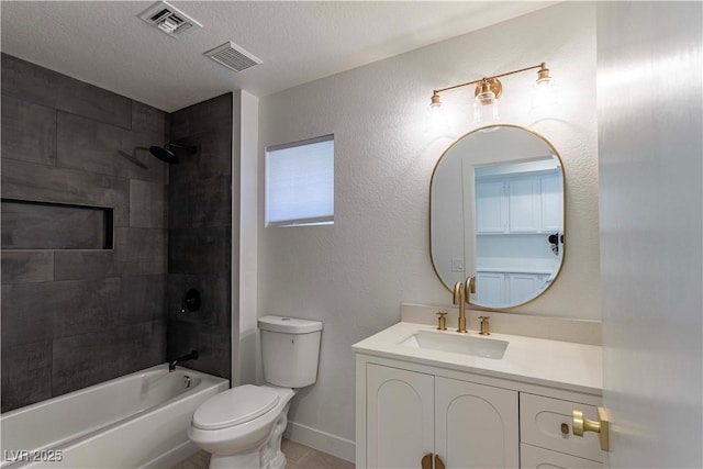 full bath with toilet, bathing tub / shower combination, vanity, and visible vents