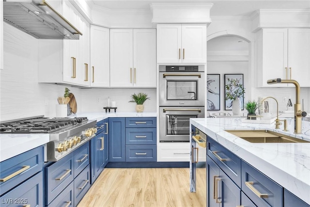 kitchen with blue cabinets, premium range hood, appliances with stainless steel finishes, and a sink