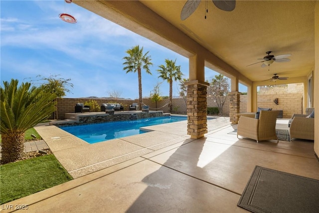 view of swimming pool with a patio area, a fenced backyard, and a fenced in pool