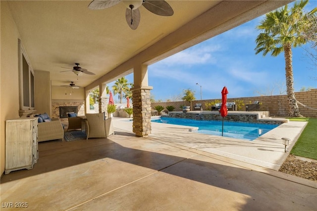 view of pool featuring a fenced in pool, a fenced backyard, and a patio