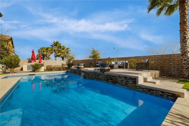 view of swimming pool featuring a patio, a fenced backyard, and a fenced in pool