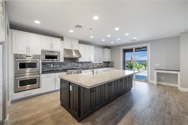 kitchen featuring tasteful backsplash, stainless steel double oven, white cabinetry, a sink, and under cabinet range hood