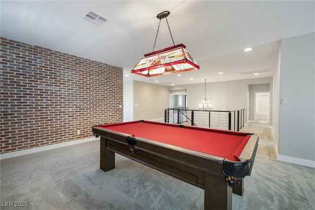 recreation room with recessed lighting, brick wall, carpet flooring, visible vents, and baseboards