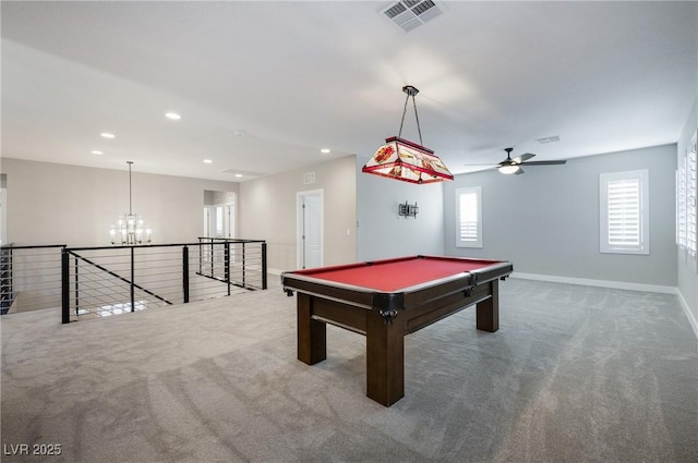 rec room with baseboards, visible vents, carpet flooring, a chandelier, and recessed lighting