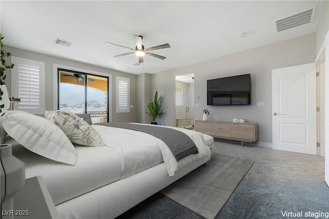 bedroom with ceiling fan, carpet, visible vents, and baseboards