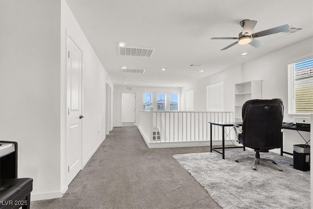 carpeted home office with recessed lighting and visible vents