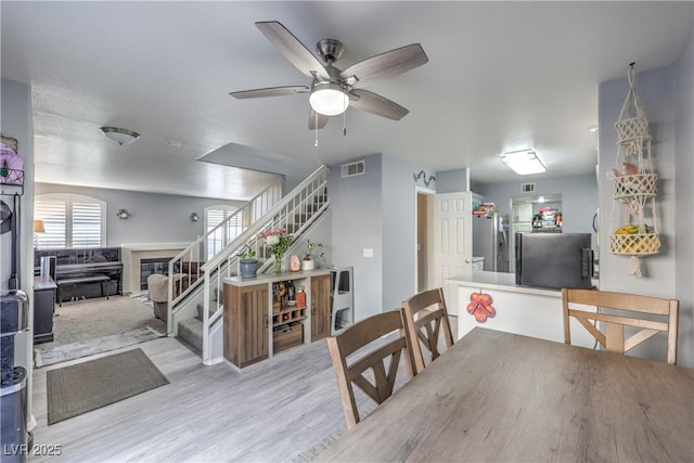 dining room featuring stairs, ceiling fan, light wood-type flooring, and visible vents