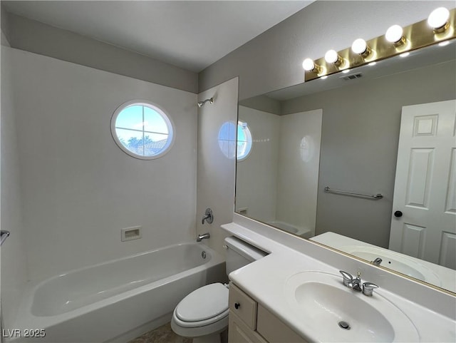 full bath featuring visible vents, vanity, toilet, and shower / bathtub combination