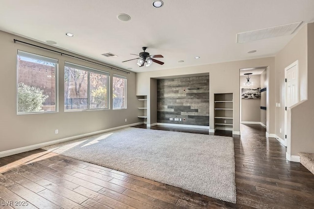 unfurnished living room with dark wood-style flooring, recessed lighting, visible vents, ceiling fan, and baseboards